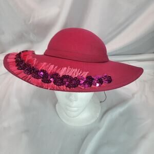 Vintage Bellini NY Doeskin Wool Felt Wide Brim Hat Pink Sequins‎ Bollman USA